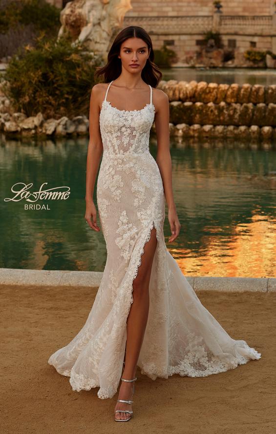 Picture of: Lace Wedding Dress with Scallop Edge Slit and Square Neckline in IIINII, Style: B1318, Detail Picture 10