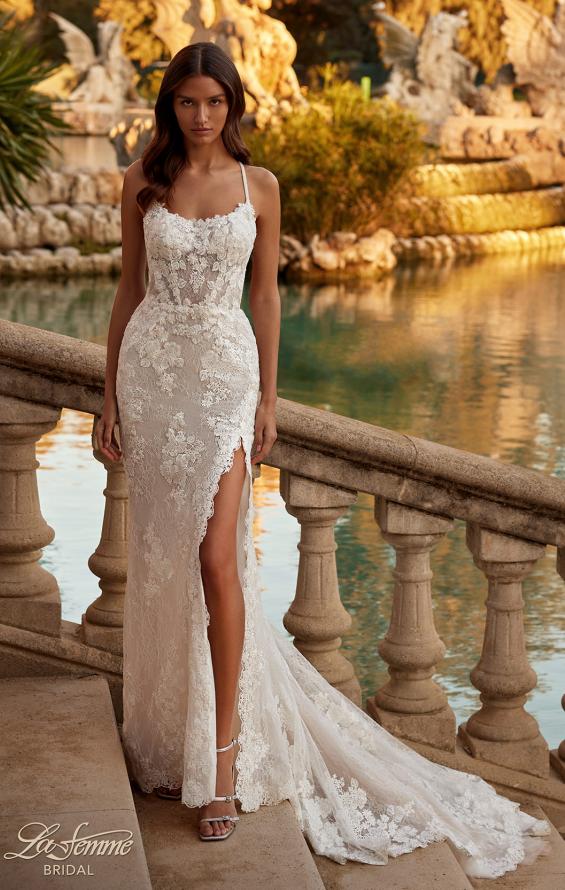 Picture of: Lace Wedding Dress with Scallop Edge Slit and Square Neckline in IIINII, Style: B1318, Detail Picture 11
