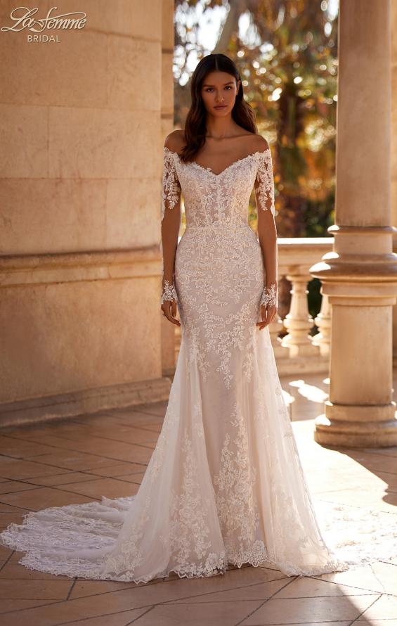Picture of: Off the Shoulder Lace Long Sleeve Bridal Gown with Illusion Back in IIINII, Style: B1319, Back Picture