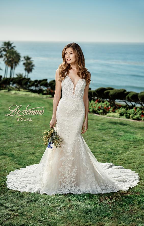 Picture of: Plunge Neck Gown with Illusion Lace Bodice in IINI, Style: B1081, Main Picture