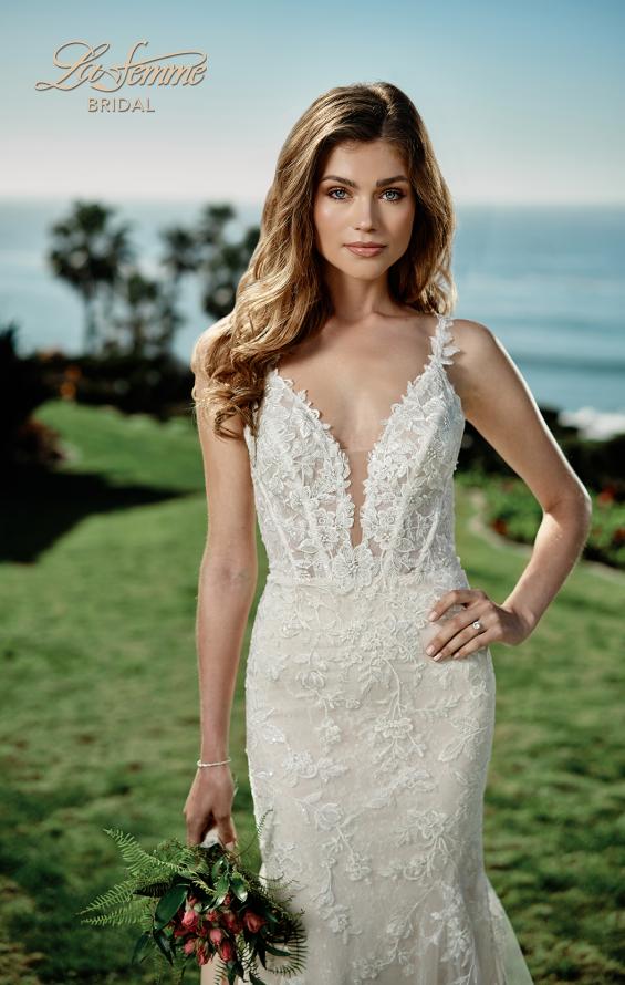 Picture of: Plunge Neck Gown with Illusion Lace Bodice in IINI, Style: B1081, Detail Picture 1