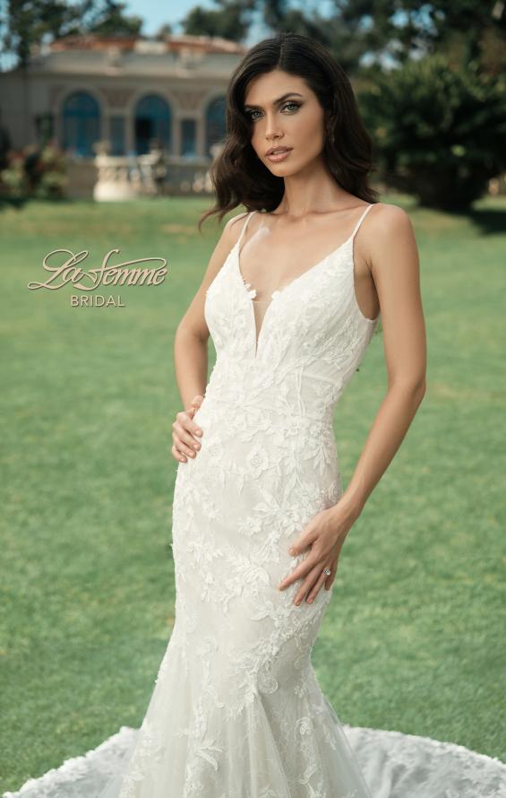 Picture of: Lace Plunge Neck Bridal Dress with Gorgeous Full Train in IINI, Style: B1216, Detail Picture 1