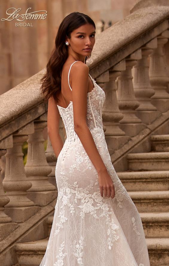 Picture of: Long Lace Mermaid Wedding Gown with Modified Scoop Neck and Corset Back in IINI, Style: B1335, Detail Picture 3