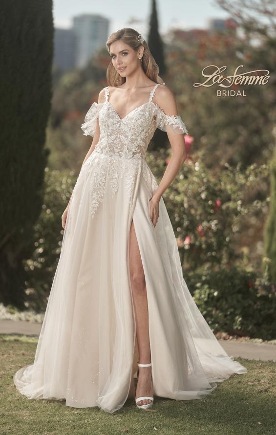 Picture of: Sparkle Lace Gown with Off the Shoulder Sleeve and Slit in IINI, Style: B1020, Detail Picture 4
