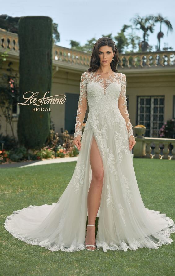 Picture of: Illusion Long Sleeve Gown with Slit and Beautiful Lace Neckline in ILII, Style: B1225, Main Picture