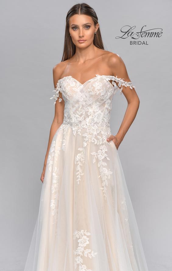 Picture of: Off the Shoulder Lace A-Line Dress with Slit and Pockets in ILII, Style: B1064, Detail Picture 8