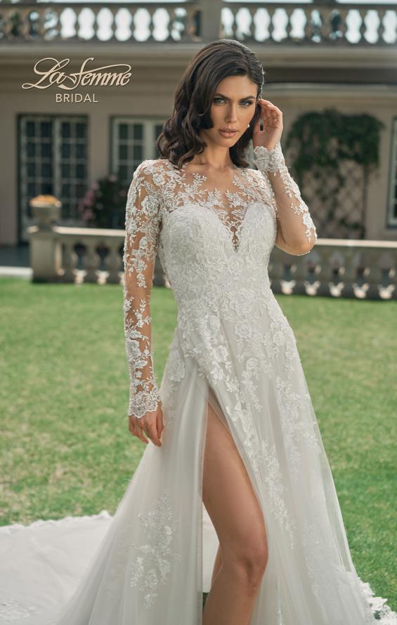 Picture of: Illusion Long Sleeve Gown with Slit and Beautiful Lace Neckline in ILII, Style: B1225, Detail Picture 1