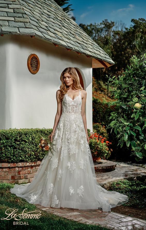 Picture of: Tulle Wedding Gown with Lace Applique and Illusion Bodice in INI, Style: B1057, Main Picture