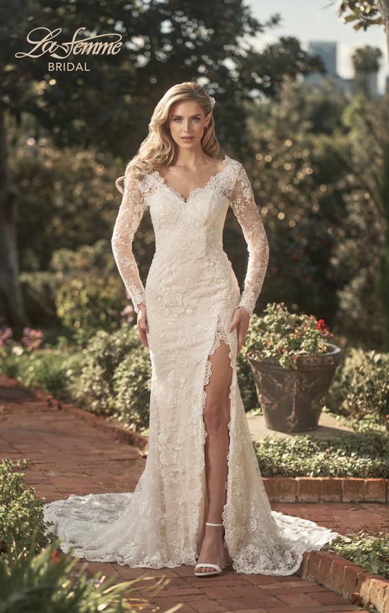 Picture of: Long Sleeve Lace Dress with Slit and Scallop Detailing in INI, Style: B1073, Main Picture