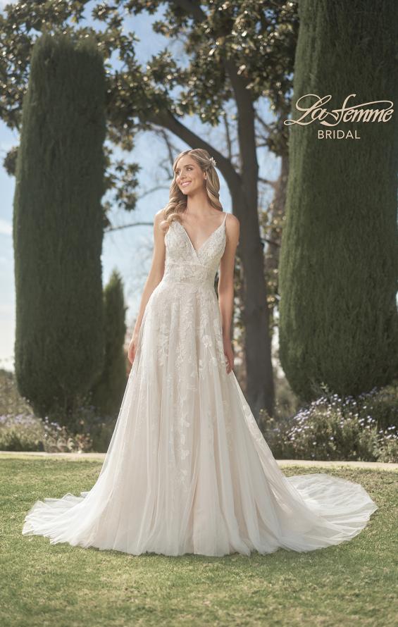 Picture of: Gorgeous Lace A-Line Dress with Ruched Detail Bodice and High Slit in INI, Style: B1075, Main Picture