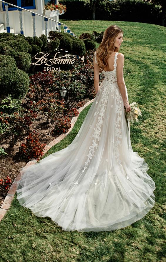 Picture of: Ornate Lace Gown with Slit and Sheer Bodice in INI, Style: B1024, Back Picture