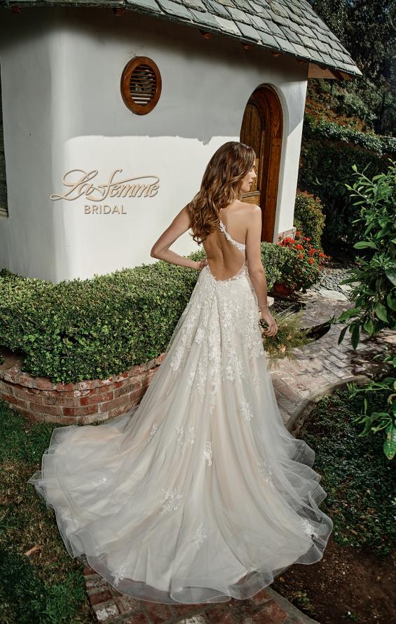 Picture of: Tulle Wedding Gown with Lace Applique and Illusion Bodice in INI, Style: B1057, Back Picture