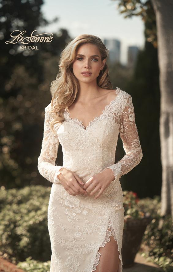 Picture of: Long Sleeve Lace Dress with Slit and Scallop Detailing in INI, Style: B1073, Detail Picture 1
