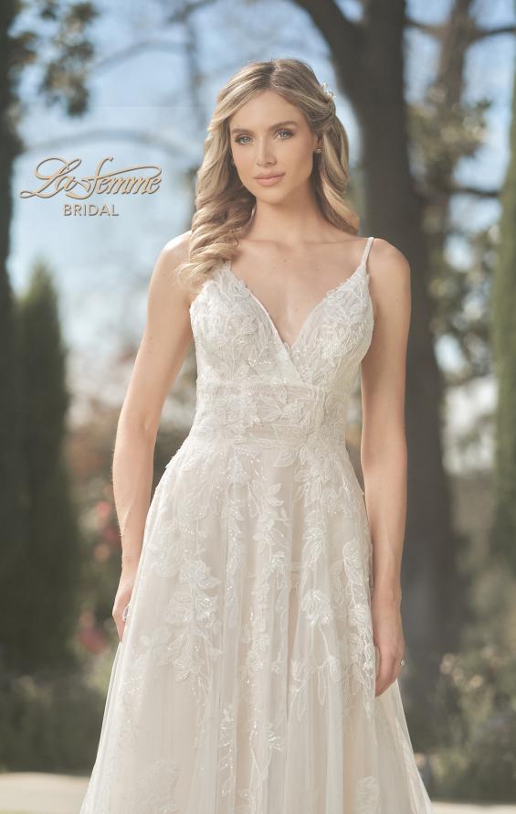 Picture of: Gorgeous Lace A-Line Dress with Ruched Detail Bodice and High Slit in INI, Style: B1075, Detail Picture 1