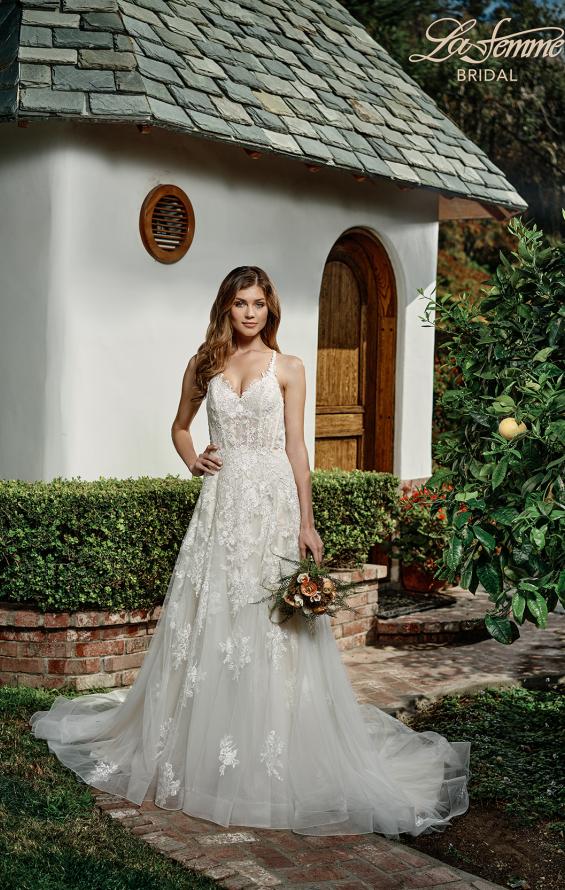 Picture of: Tulle Wedding Gown with Lace Applique and Illusion Bodice in INI, Style: B1057, Detail Picture 2