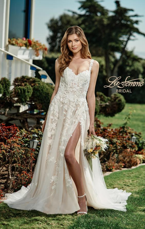 Picture of: Ornate Lace Gown with Slit and Sheer Bodice in INI, Style: B1024, Detail Picture 3
