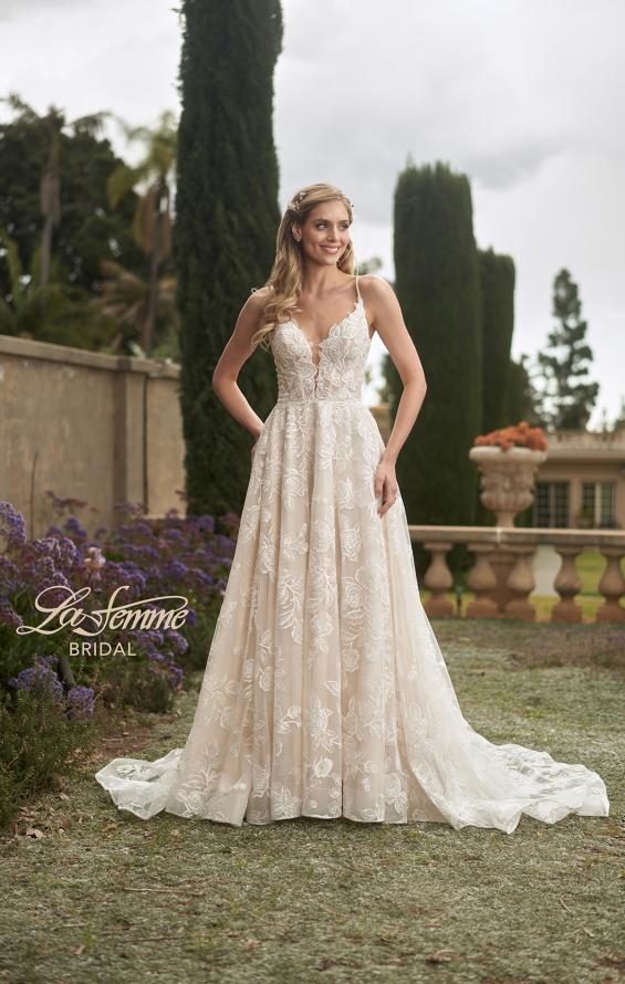 Picture of: Lace A-Line Wedding Dress with Slit and Deep V in INI, Style: B1056, Detail Picture 3