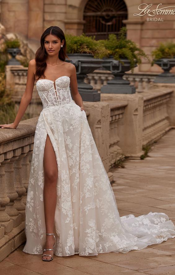 Picture of: Strapless A Line Lace Wedding Dress with Corset Style Bodice and Deep V in WIIII, Style: B1356, Main Picture