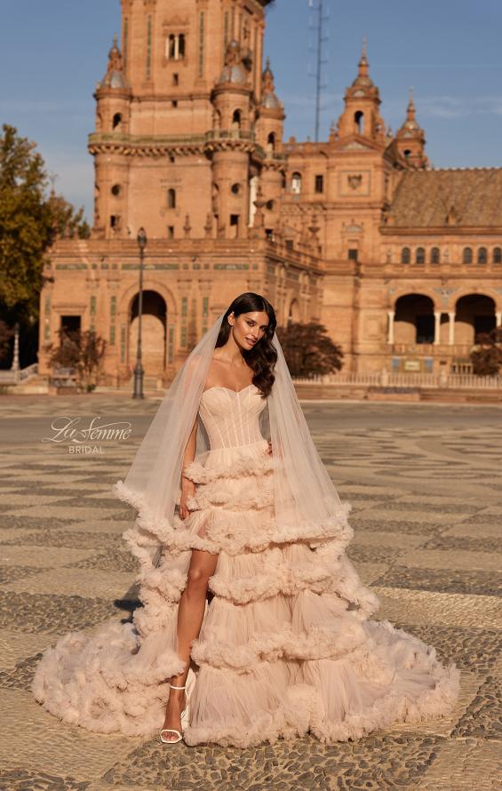Picture of: Strapless Corset Ball Gown Wedding Dress with Tiered Ruffle Skirt in blush, Style: B1443, Detail Picture 11