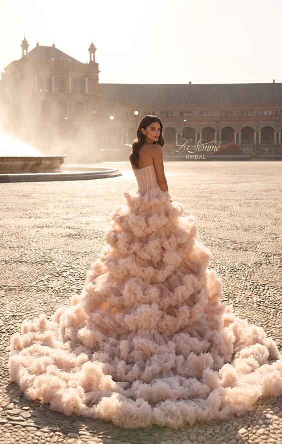 Picture of: Strapless Corset Ball Gown Wedding Dress with Tiered Ruffle Skirt in blush, Style: B1443, Back Picture