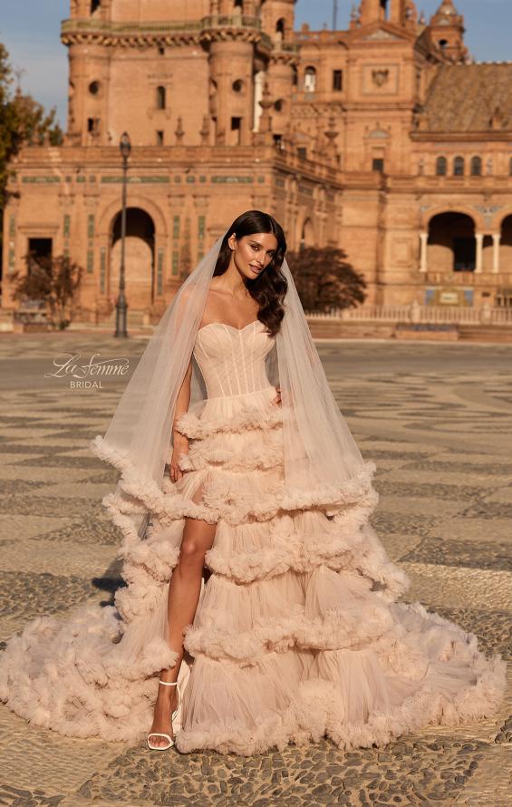 Picture of: Strapless Corset Ball Gown Wedding Dress with Tiered Ruffle Skirt in blush, Style: B1443, Detail Picture 1