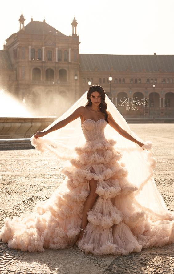 Picture of: Strapless Corset Ball Gown Wedding Dress with Tiered Ruffle Skirt in blush, Style: B1443, Detail Picture 2