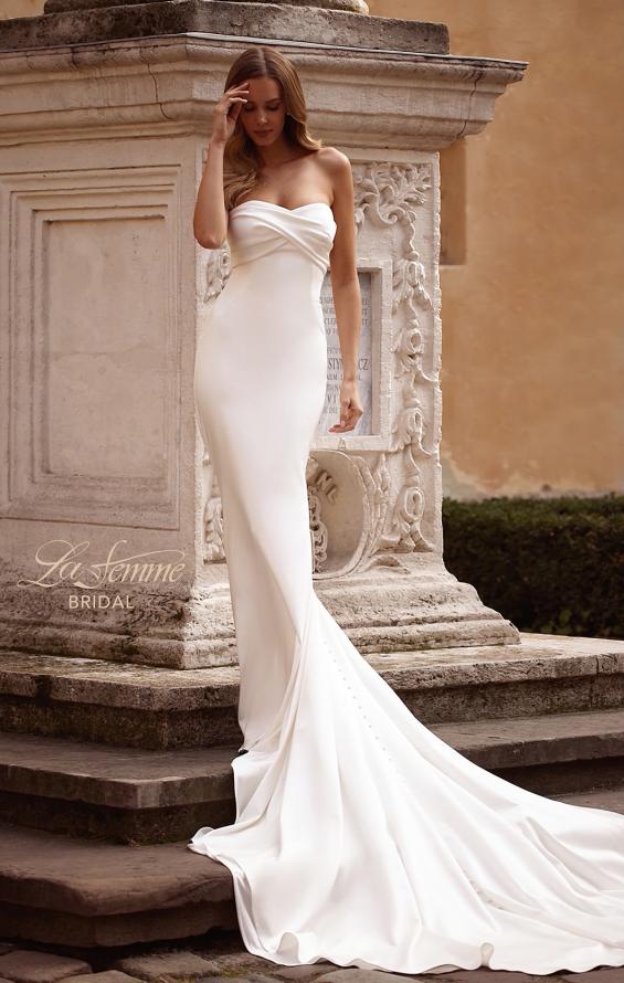 Picture of: Modern Fitted Satin Wedding Dress with Criss Cross Bodice in Ivory, Style: B1413, Main Picture