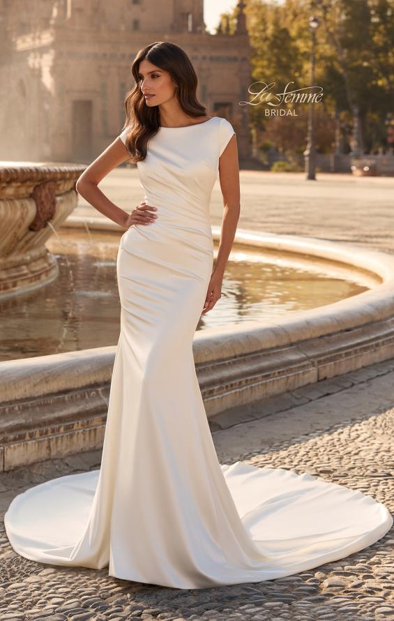 Picture of: Cap Sleeve Satin Fit and Flare Wedding Dress in ivory, Style: B1447, Main Picture