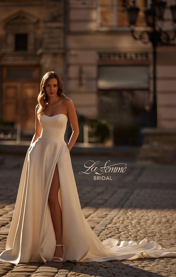 Picture of: Contemporary Satin Wedding Gown with Corset Detail Back in ivory, Style: B1406, Back Picture