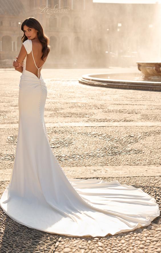 Picture of: Cap Sleeve Satin Fit and Flare Wedding Dress in ivory, Style: B1447, Back Picture