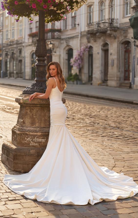 Picture of: Scoop Neck Satin Fit and Flare Wedding Dress in ivory, Style: B1453, Back Picture