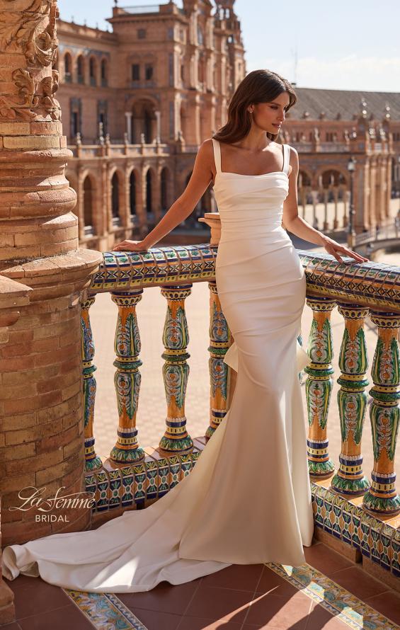 Picture of: Simple Satin Fit and Flare Wedding Dress with Bow Train in ivory, Style: B1488, Back Picture