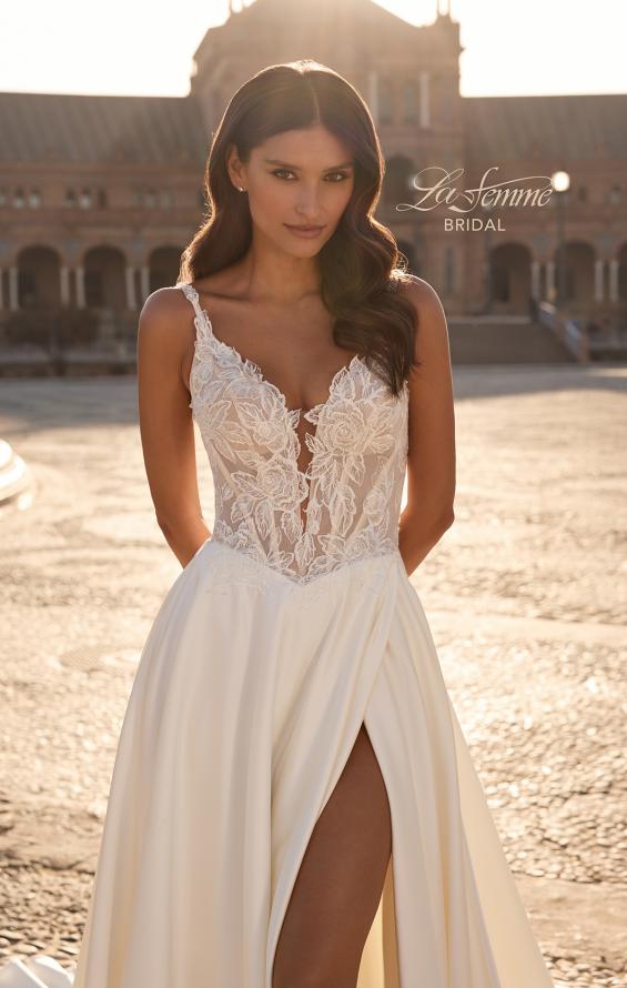 Picture of: Modern Lace and Satin A-Line Wedding Dress with Slit in ivory, Style: B1477, Detail Picture 1