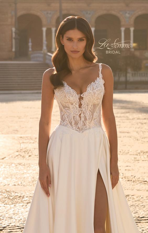 Picture of: Modern Lace and Satin A-Line Wedding Dress with Slit in ivory, Style: B1477, Detail Picture 2
