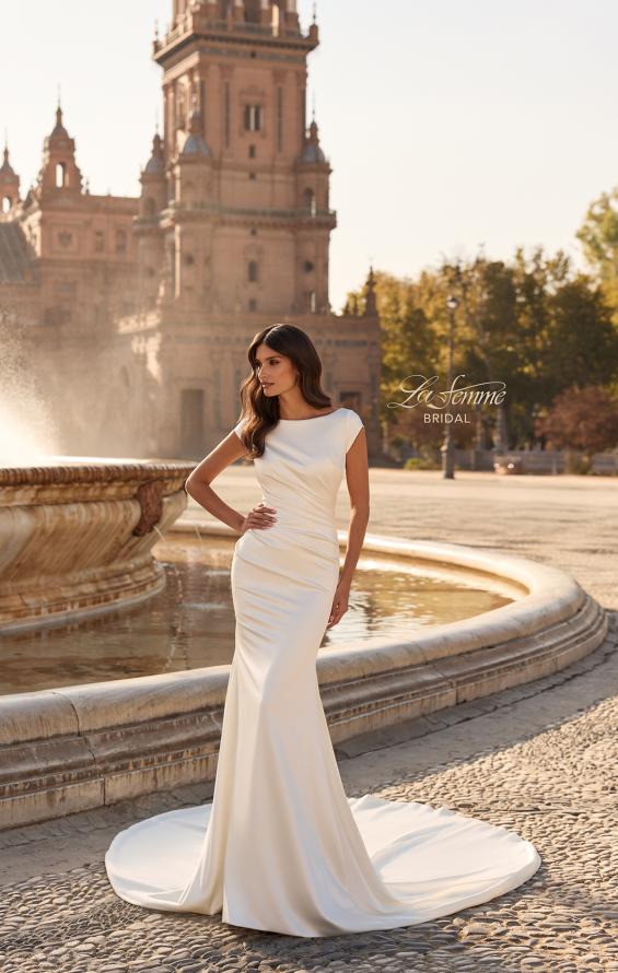 Picture of: Cap Sleeve Satin Fit and Flare Wedding Dress in ivory, Style: B1447, Detail Picture 3