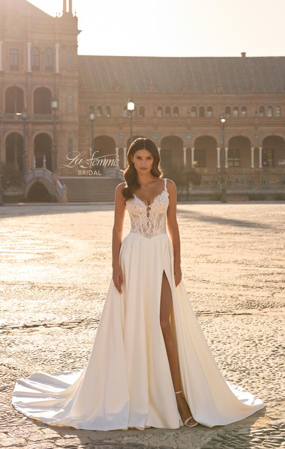 Picture of: Modern Lace and Satin A-Line Wedding Dress with Slit in ivory, Style: B1477, Detail Picture 4