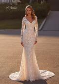 Picture of: Long Sleeve Wedding Dress with V Neckline and Illusion Back Detail in IIINI, Style: J2198, Main Picture