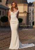 Picture of: Ruched Jersey Fit and Flare Wedding Dress with Cap Straps in ivory, Style: J2293, Main Picture
