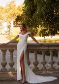 Picture of: Off the Shoulder Luxe Jersey Dress with Ruched Bodice and Illusion Lace Back in ivory, Style: J2181, Main Picture