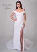 Picture of: Off the Shoulder Luxe Jersey Dress with Ruched Bodice and Illusion Lace Back in ivory, Style: J2181, Detail Picture 11