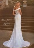 Picture of: Off the Shoulder Luxe Jersey Dress with Ruched Bodice and Illusion Lace Back in ivory, Style: J2181, Back Picture