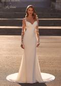 Picture of: Luxe Jersey Wedding Dress with Illusion Lace Long Sleeves and Draped Neckline in ivory, Style: J2220, Back Picture