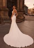 Picture of: Fitted Luxe Jersey Wedding Dress with Corset Top and Slit in ivory, Style: J2230, Back Picture