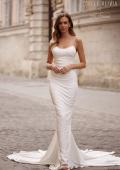 Picture of: Ruched Lux Jersey Wedding Dress with Pearl Rhinestone Neckline and Straps in Ivory, Style: J2284, Back Picture