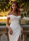 Picture of: Off the Shoulder Luxe Jersey Dress with Ruched Bodice and Illusion Lace Back in ivory, Style: J2181, Detail Picture 1