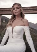 Picture of: Long Sleeve Plunge Neck Gown with Off the Shoulder Top in ivory, Style: J2033, Detail Picture 3, Landscape