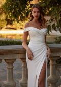 Picture of: Off the Shoulder Luxe Jersey Dress with Ruched Bodice and Illusion Lace Back in ivory, Style: J2181, Detail Picture 3, Landscape