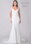 Picture of: Luxe Jersey Gown with Illusion Lace Long Sleeves and Ruching Detail in ivory, Style: J2122, Detail Picture 4