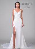 Picture of: Satin Gown with Slit and Lace Applique Bodice and Illusion Back in ivory, Style: J2158, Detail Picture 4