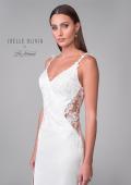 Picture of: Satin Gown with Slit and Lace Applique Bodice and Illusion Back in ivory, Style: J2158, Detail Picture 7